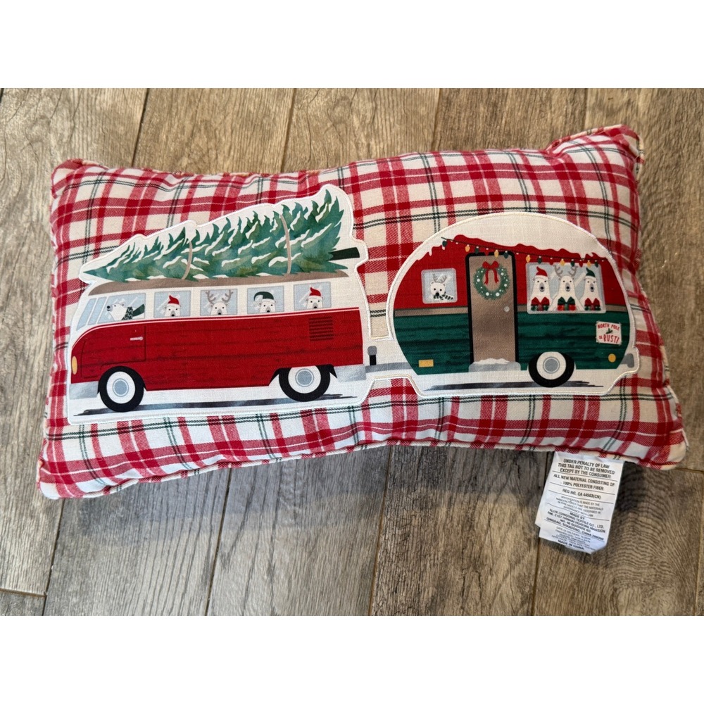 Christmas Polar Bear Camper Tartan Plaid Lumbar Pillow 14 x 24 Holiday Cottage